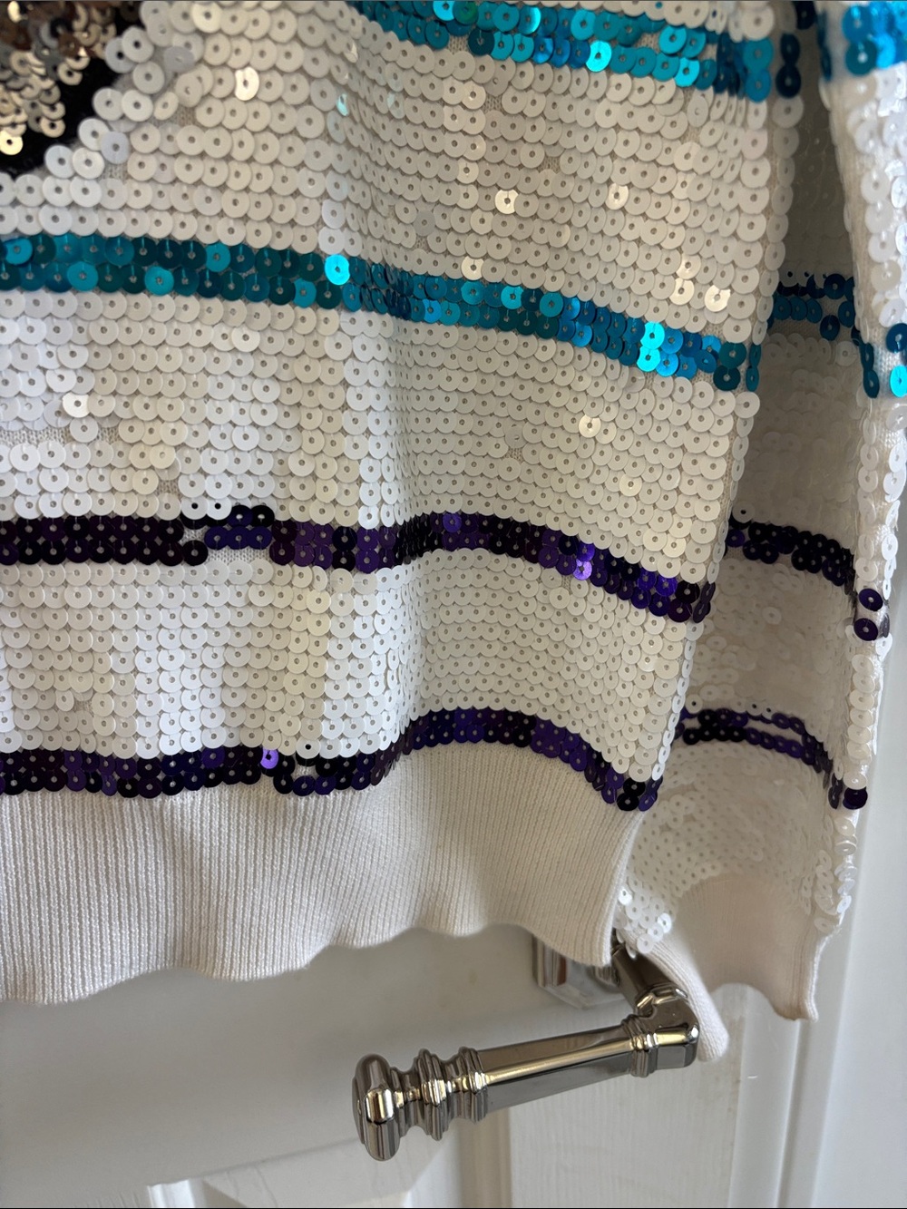 Queen of Sparkles Sequin Tiger Stripe Sweater in White with Rainbow Stripes - Picture 7 of 12
